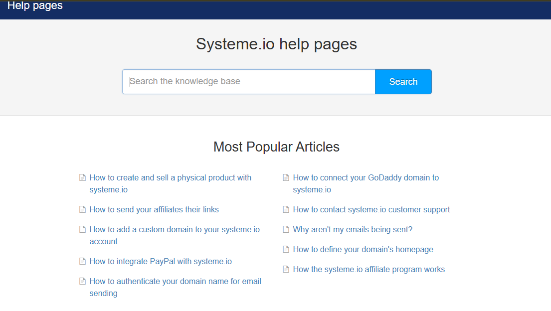 Systeme.io help pages featuring the most important and helpful articles